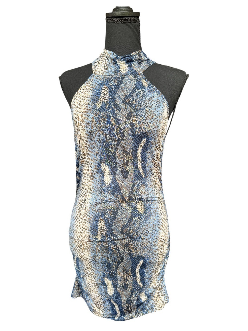 Blue Snake-Print Halter Mini Dress Size large